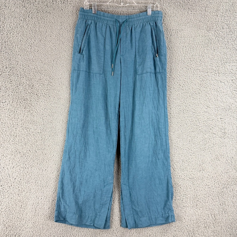 Athleta Retreat Linen Pants Womens 8 Teal High Rise Wide Leg Drawstring 533474